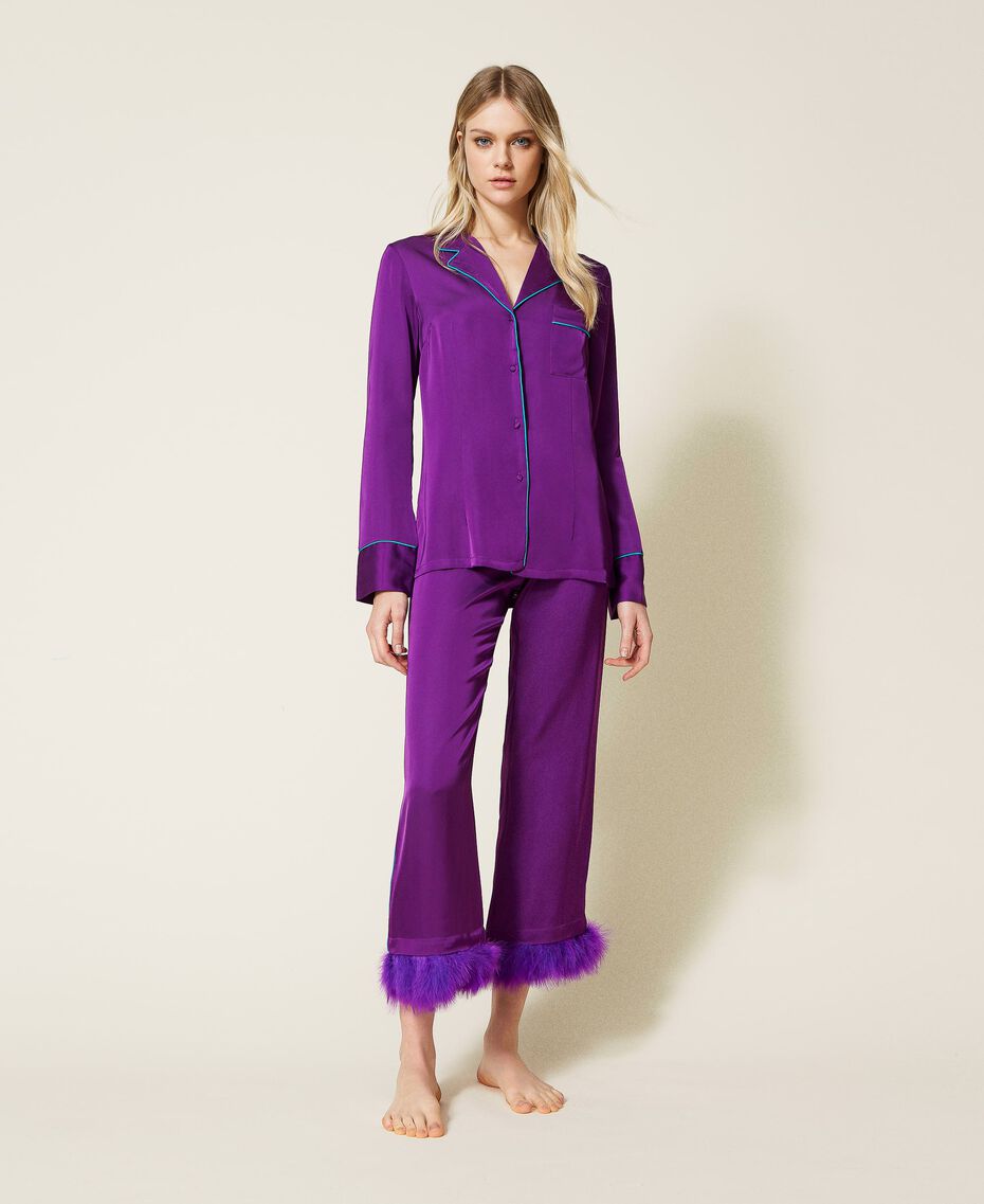 Mannish satin pyjamas with feathers "Violet Cyclamen" Purple Woman 222LL2FGG-01