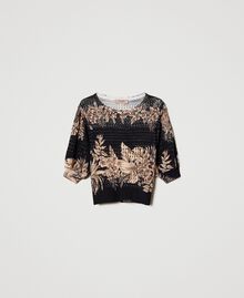 Openwork jumper with print Black / “Pale Hemp” Beige Hibiscus Print Woman 231TT3183-0S