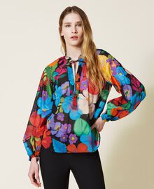 Floral muslin blouse Black Mexico Flower Print Woman 221TT2309-03