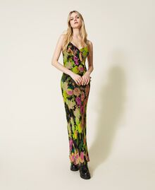 Long floral creponne dress Neon Crazy Flowers Print Woman 222TT2481-01