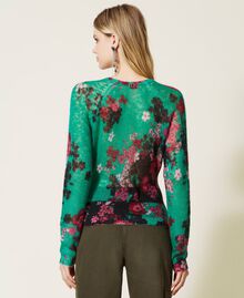 Printed mohair blend V neck jumper "Peppermint" Green / Black Autumn Flowers Print Woman 222TP3540-03