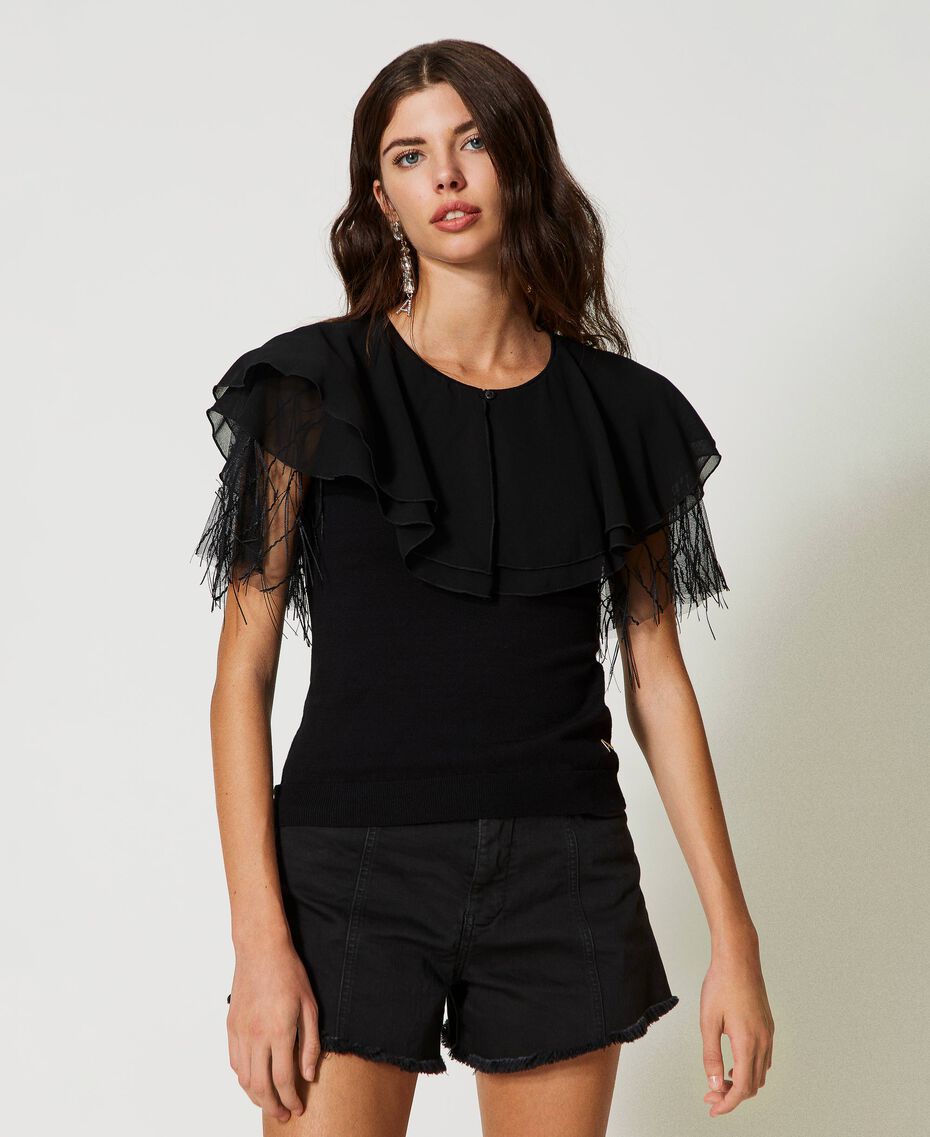 Knitted top with tulle and cape Black Woman 231AP3131-02