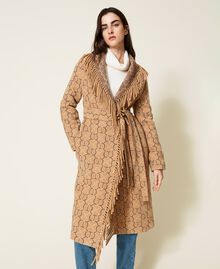 Jacquard coat with logo and fringes Oval T / "Light Wood" Beige Jacquard Mix Woman 222TT2290-03