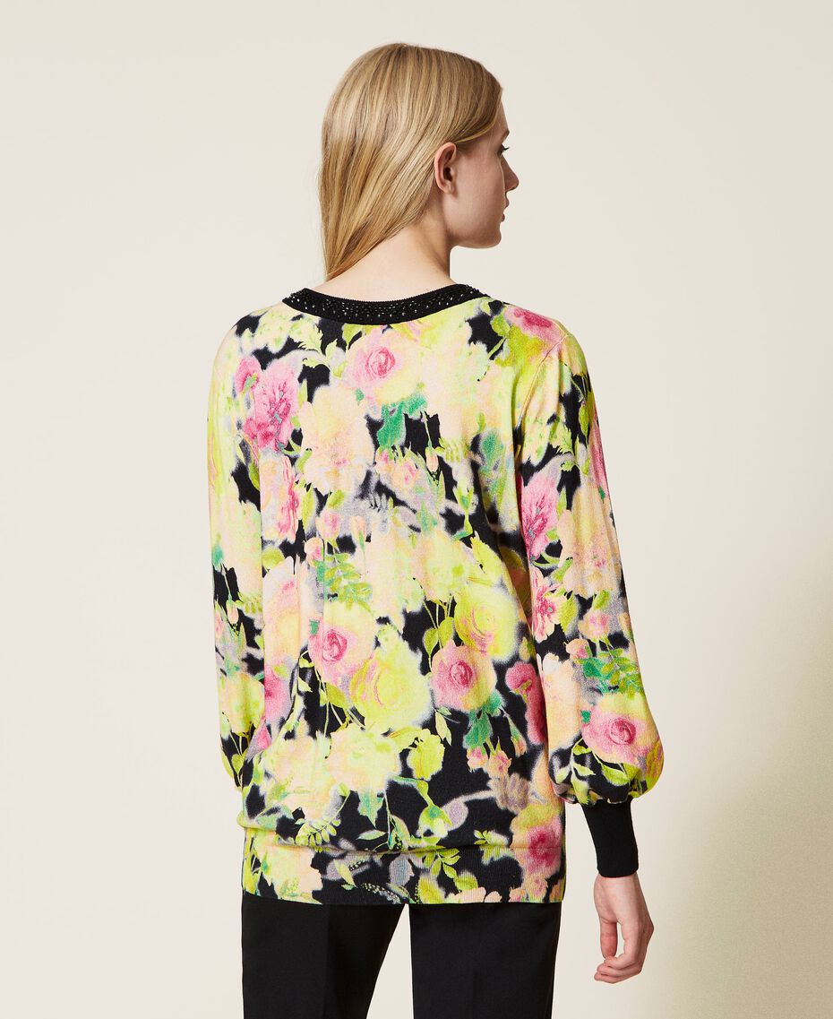 Dual use jumper with logo and handmade embroidery Neon Crazy Flowers Print Woman 222TT3511-02