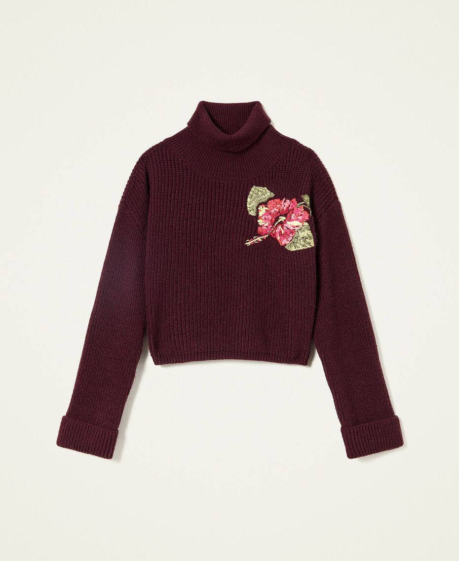 Fisherman's rib turtleneck jumper with embroidery Myrtle Red Child 222GJ3085-0S