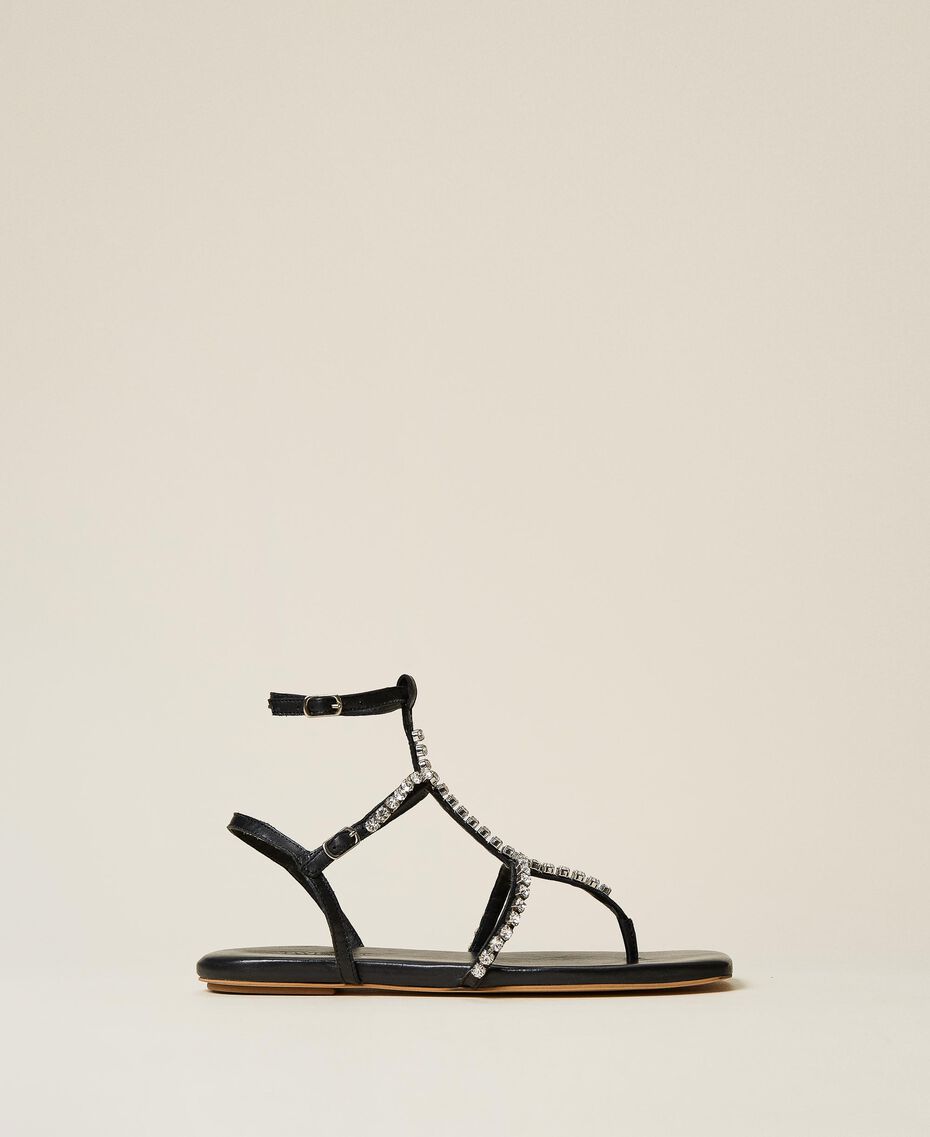 Sandales en cuir avec strass Noir Femme 221TCT060-01