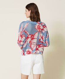 Printed mesh jumper-cardigan “Infinity” Light Blue /”Snow” White Hibiscus Print Woman 221TT3201-03