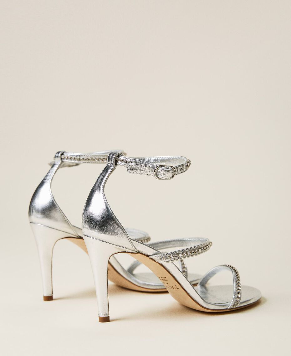 Leather sandals with rhinestones Silver Woman 222TCP200-03