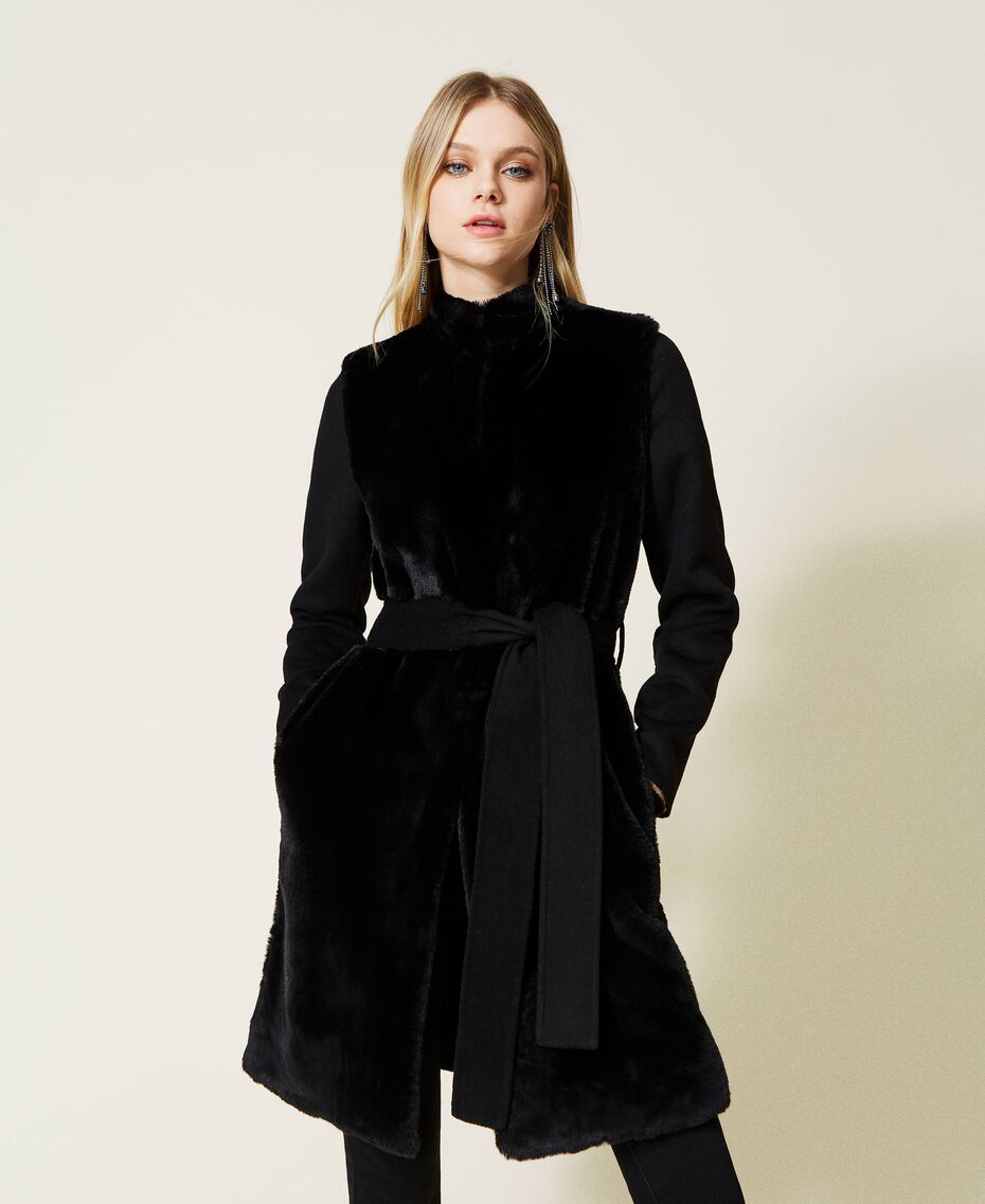 Wool blend coat with faux fur Black Woman 222TP2290-01