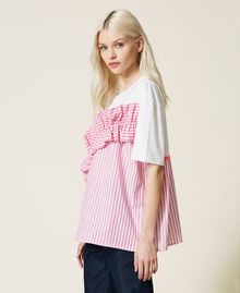 T-shirt avec insertion rayée et Vichy Bicolore Blanc Cassé/Rose « Hot Pink » Femme 221AT2250-03