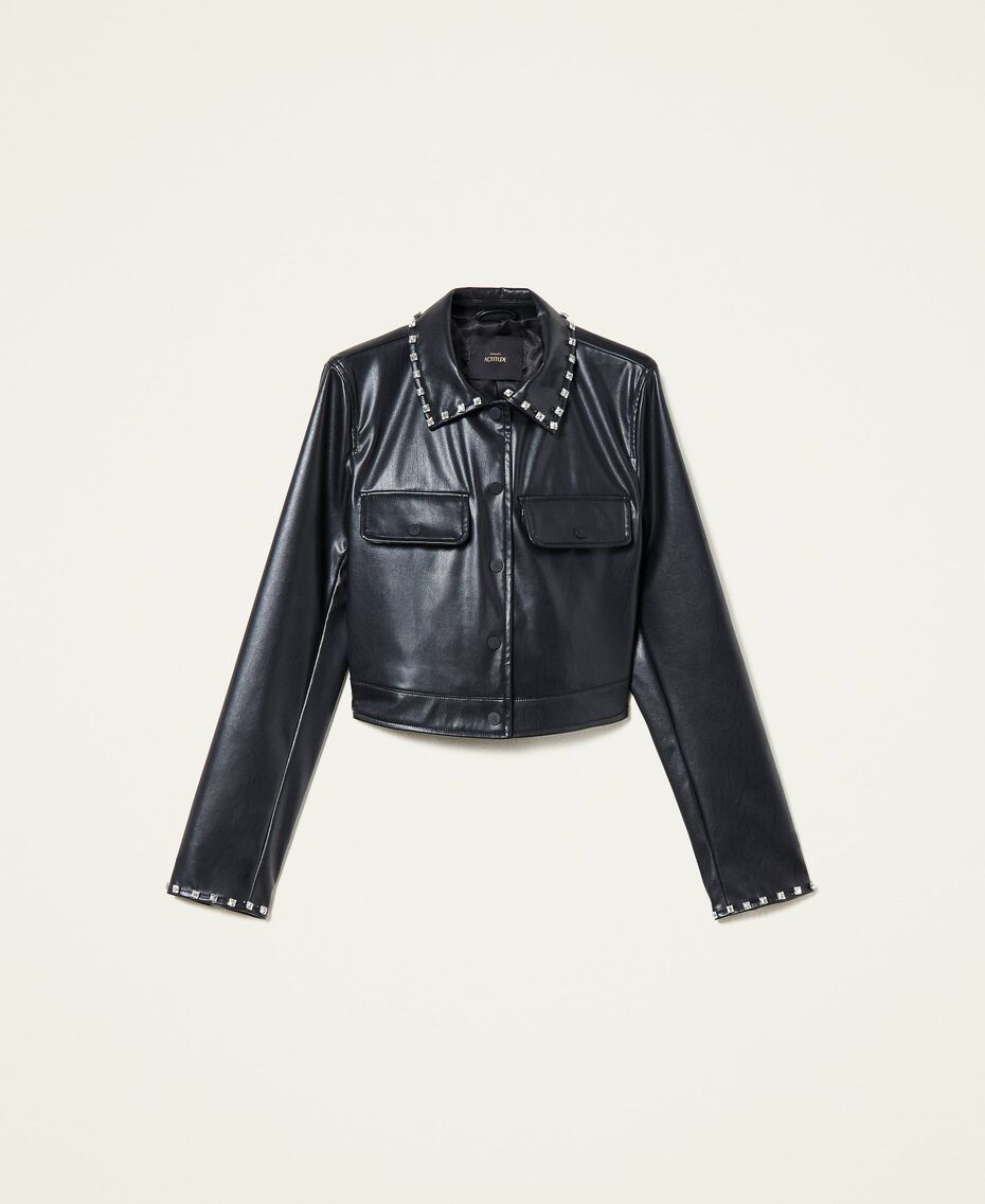 Leather-like jacket with embroidery Black Woman 222AP2330-0S