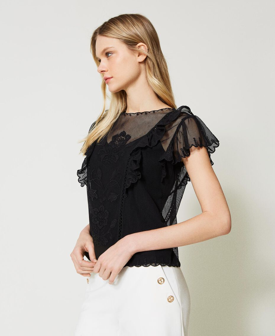 Mesh top with handmade embroidery Black Woman 231TP2023-02