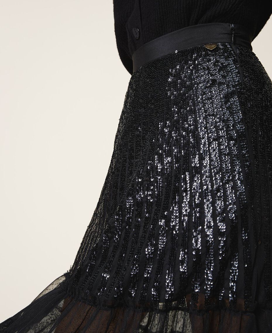 Long tulle and lace skirt with sequins Woman, Black | TWINSET Milano
