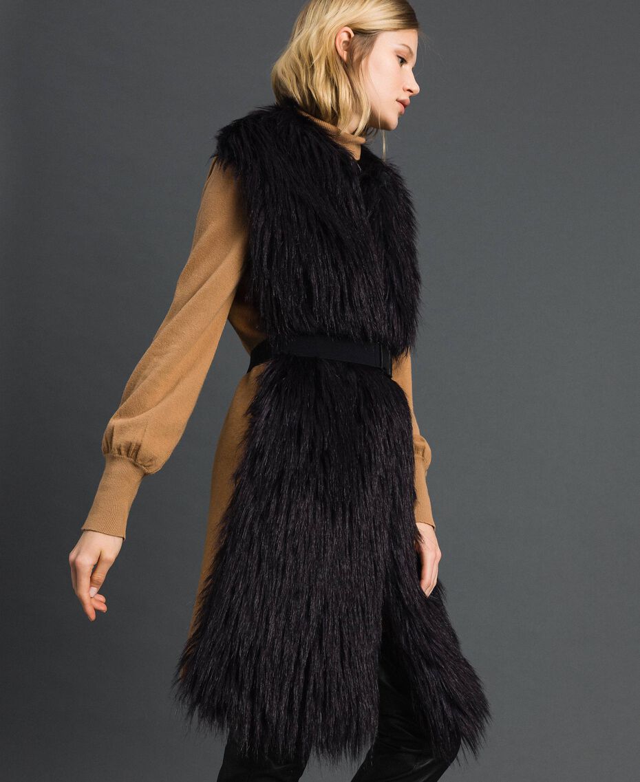 Long faux fur and wool cloth waistcoat Black / “Sequoia” Beige Woman 192ST2031-02