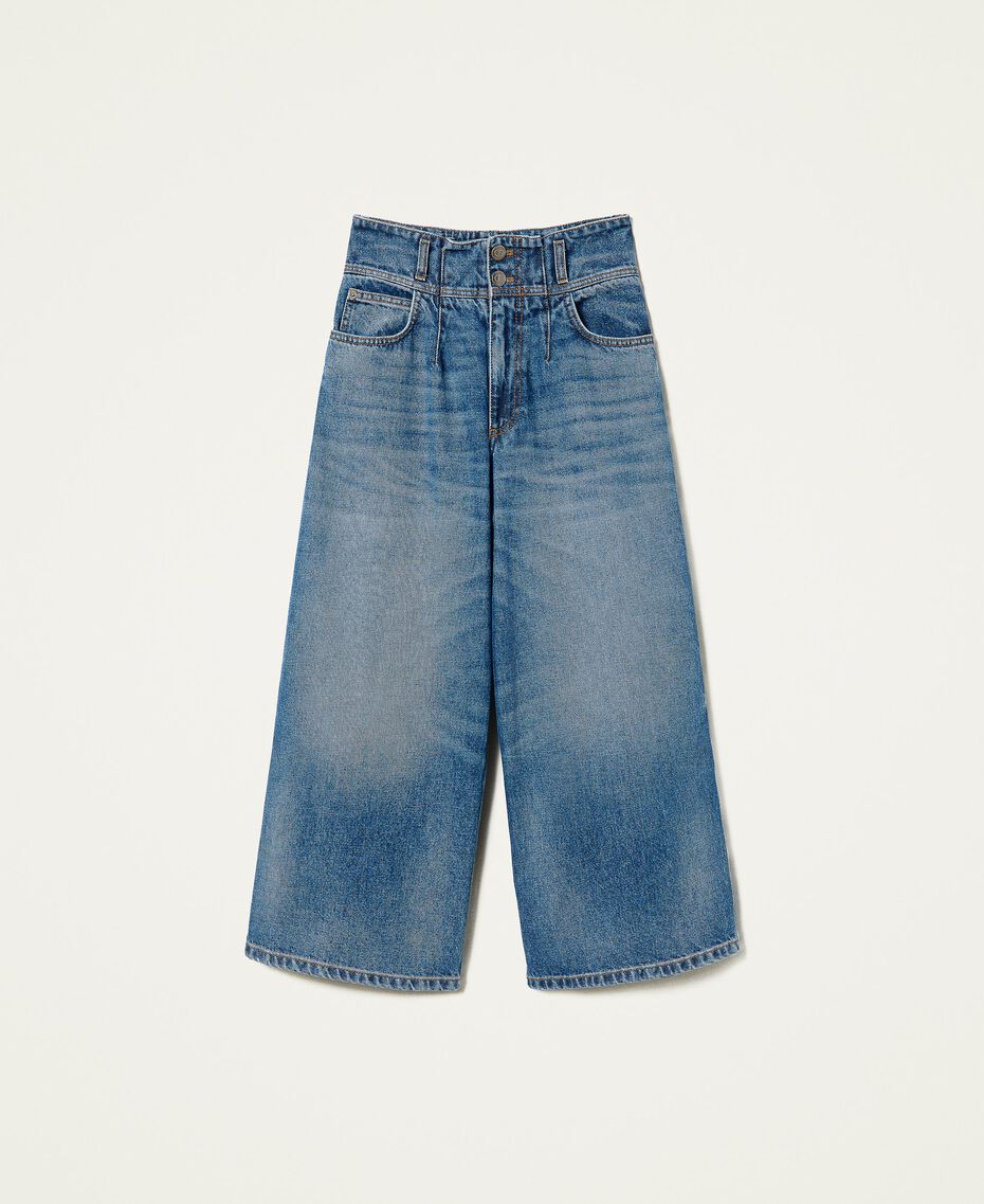 High-Waist-Jeans in Cropped-Länge mit Bleichstellen Denimblau Frau 222TP2390-0S