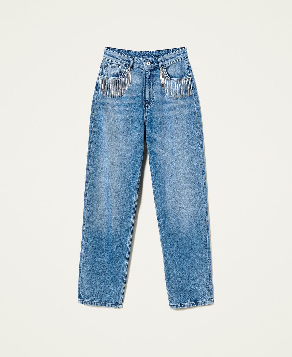 Jeans im Straight-Fit mit Strassfransen Mittleres "Denimblau" Frau 222AP2272-0S