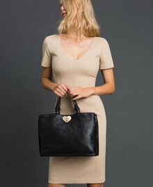Small leather shopper with shoulder strap Black Woman 192TO8091-0S