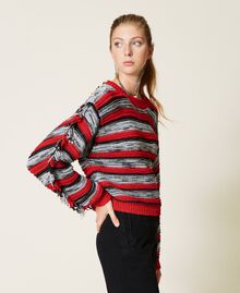 Striped boxy jumper with fringes Black / "Fire Red" / Grey Multicolour Woman 221TP3121-04