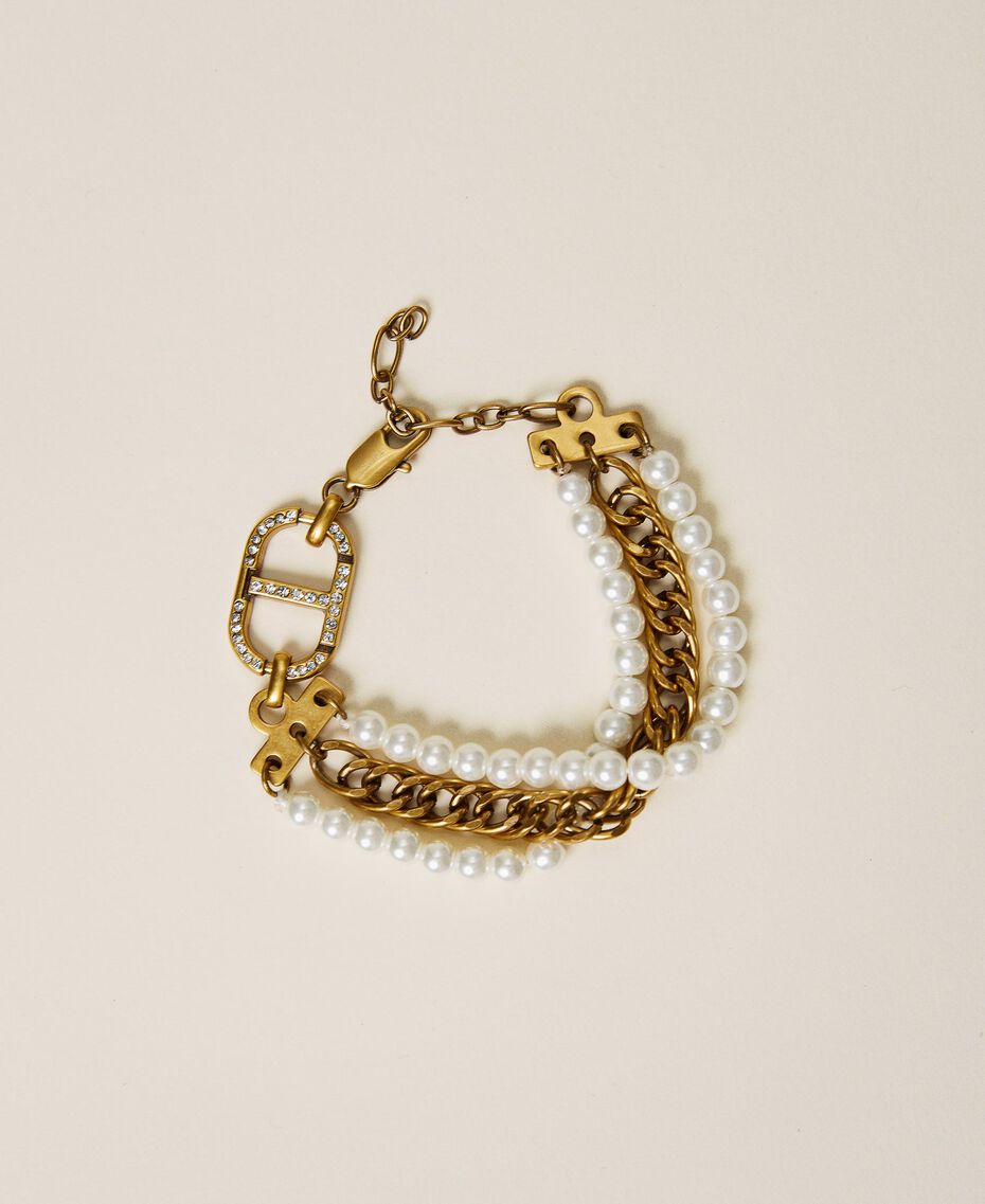 Armband mit Perlen und Logo Zweifarbig kupfriges Altmessing / Crystal-Silber Frau 222TA401G-01