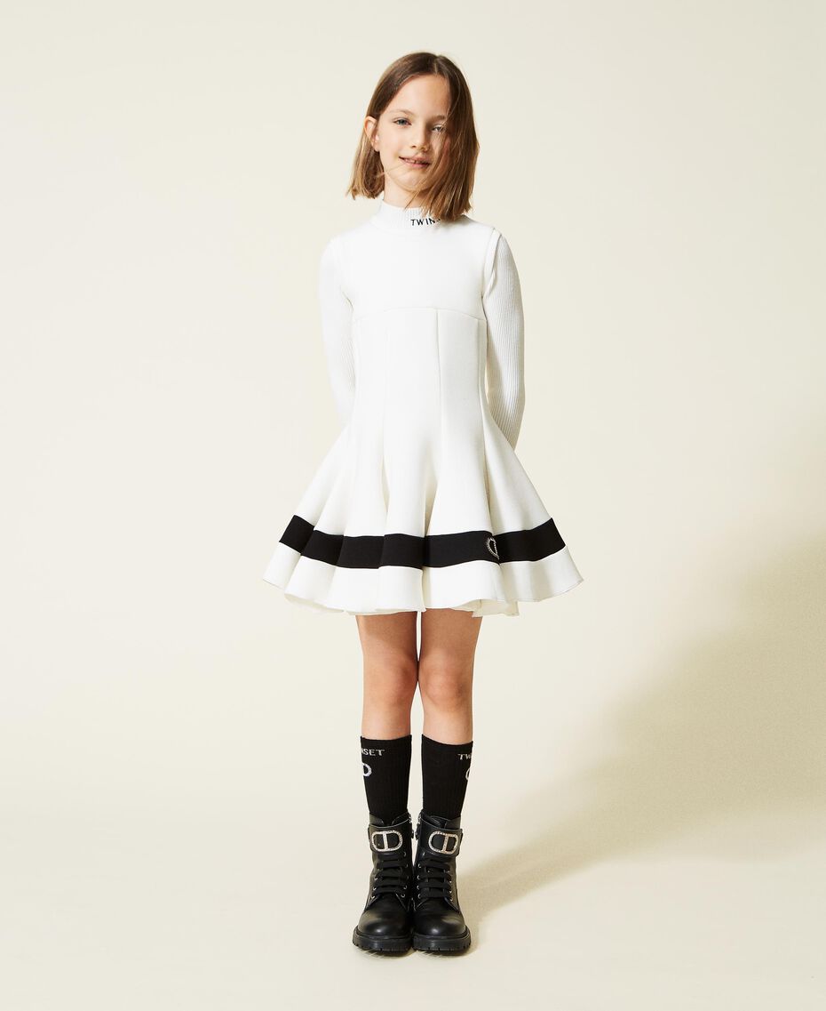 Scuba dress with rhinestone logo Bicolour Off White / Black Child 222GJ2141-01