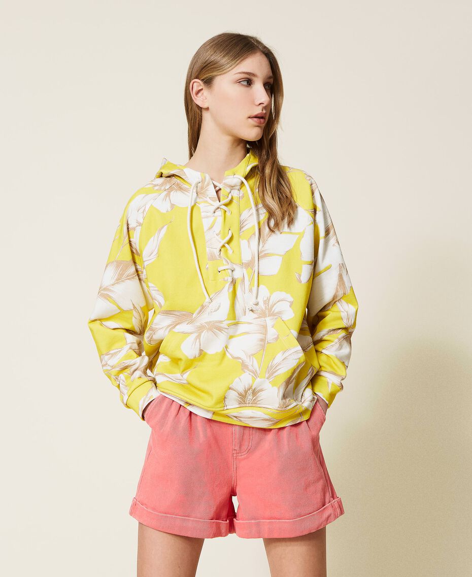 Floral hoodie Yellow / “Snow” White Hibiscus Print Woman 221TT2320-01