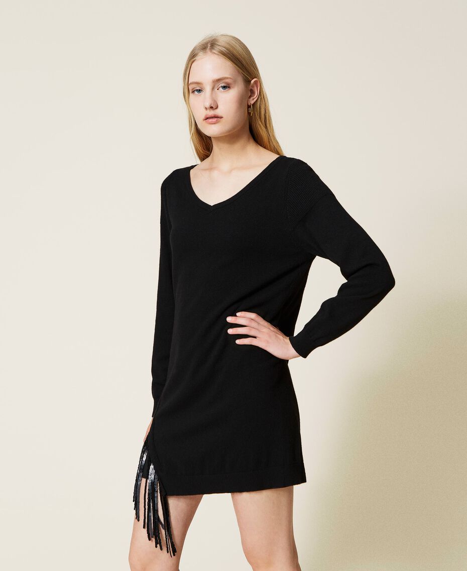 Short wool blend dress with fringes Black Woman 222TT3120-03