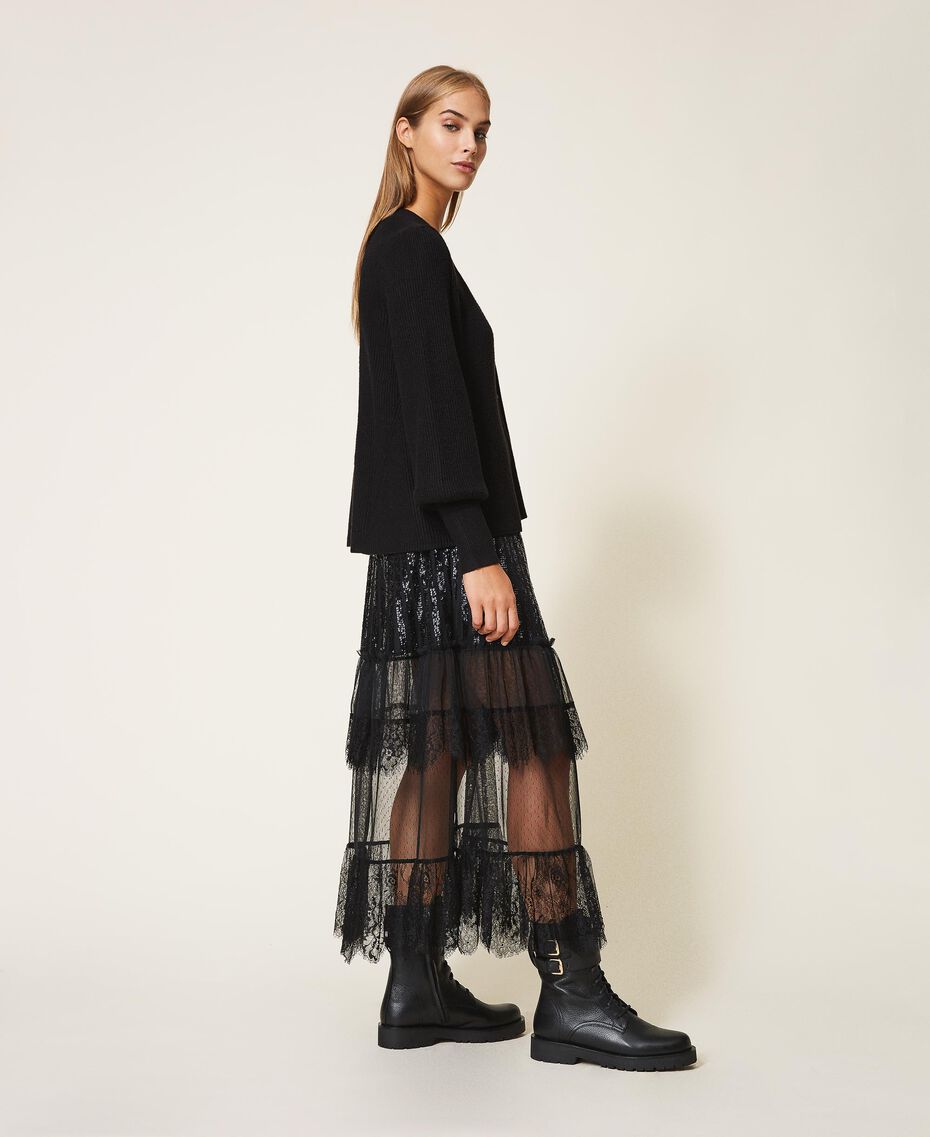 Long tulle and lace skirt with sequins Woman, Black | TWINSET Milano