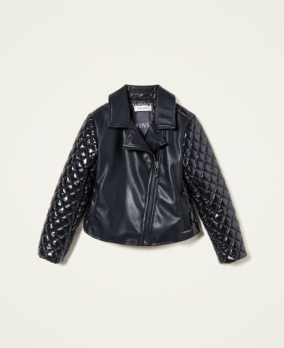 Leather-like biker jacket with nylon Black Child 222GJ232A-0S