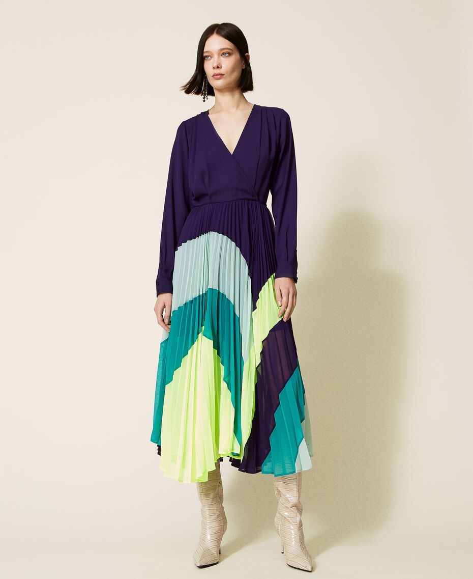 Dress with pleated colour block skirt Multicolour "Indigo" Purple / Neon Yellow Woman 222AP2693-02