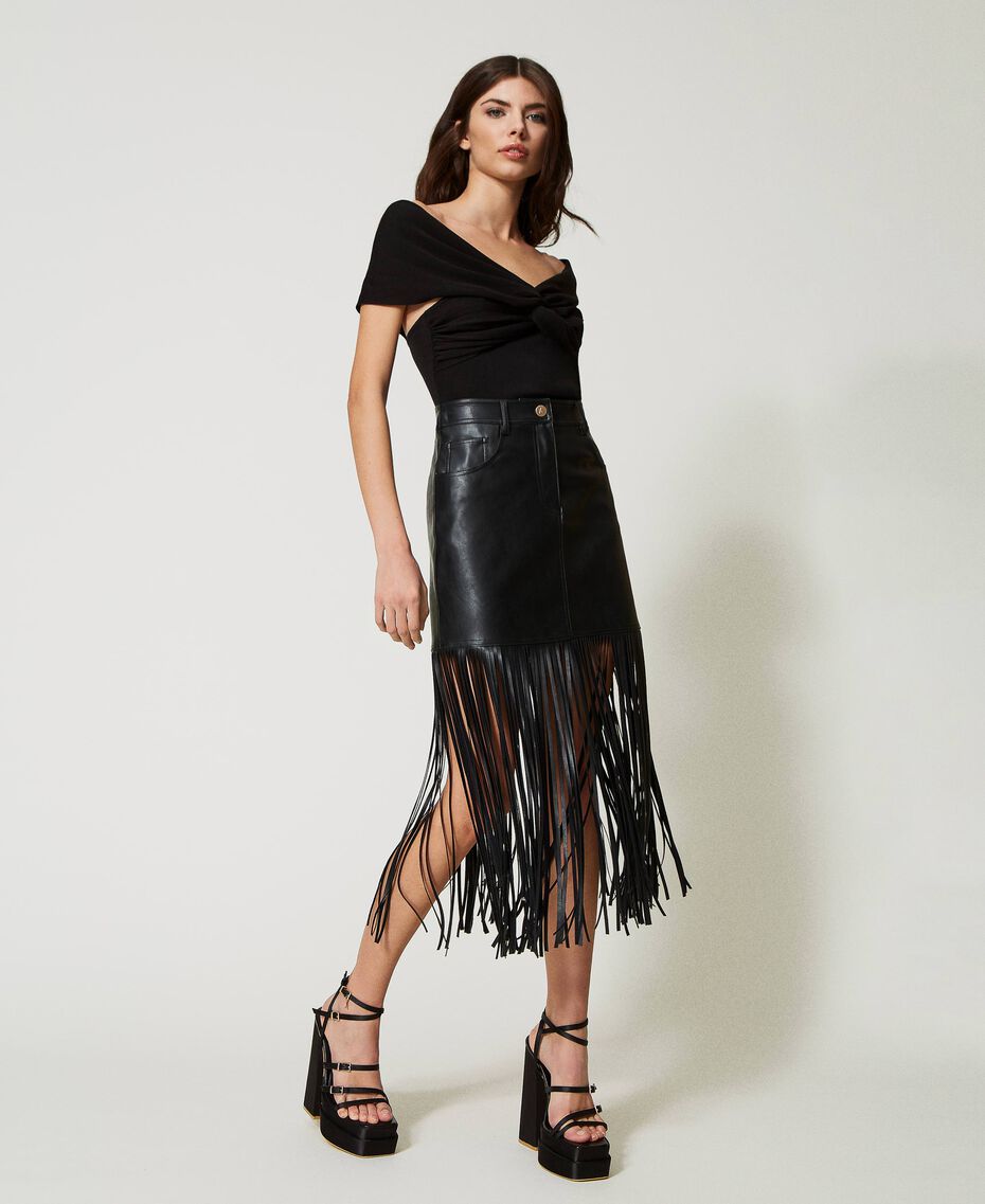 Leather-like miniskirt with fringes Black Woman 231AP2461-03