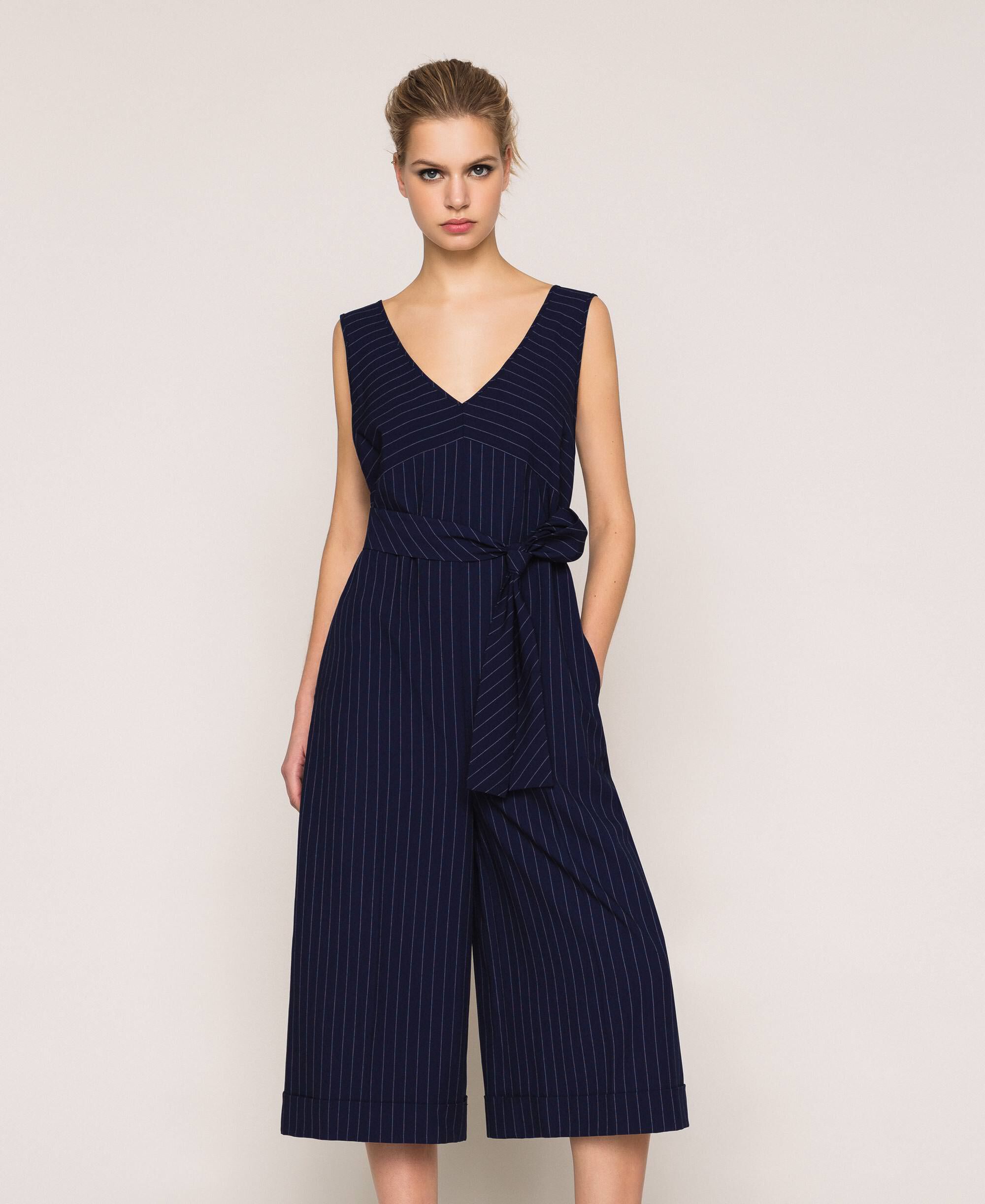 Cropped pin stripe jumpsuit with belt Woman, Blue | TWINSET Milano