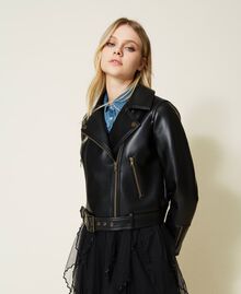 Leather-like biker jacket with belt Black Woman 222TT2350-01