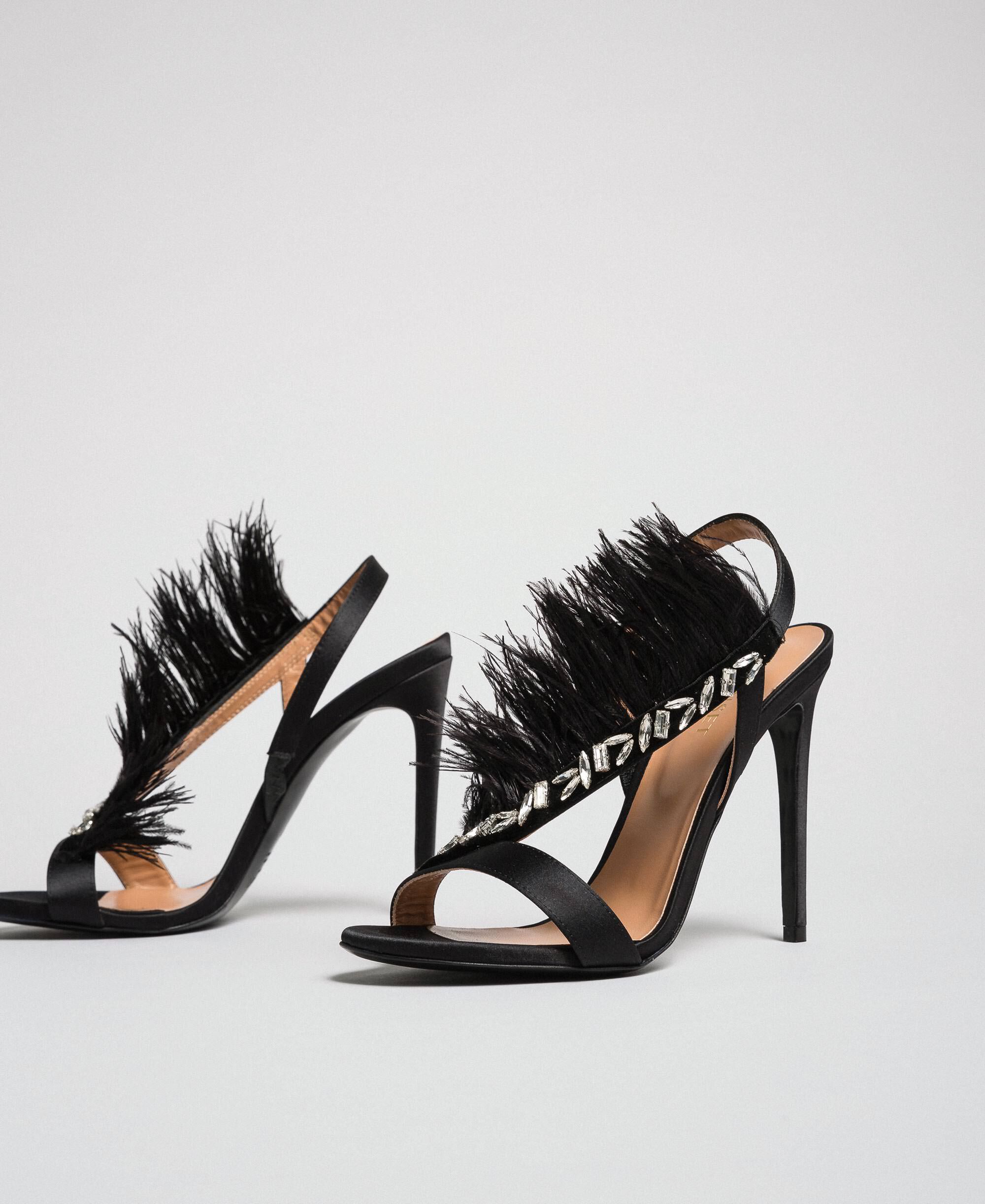 Satin sandals with feathers Woman, Black | TWINSET Milano