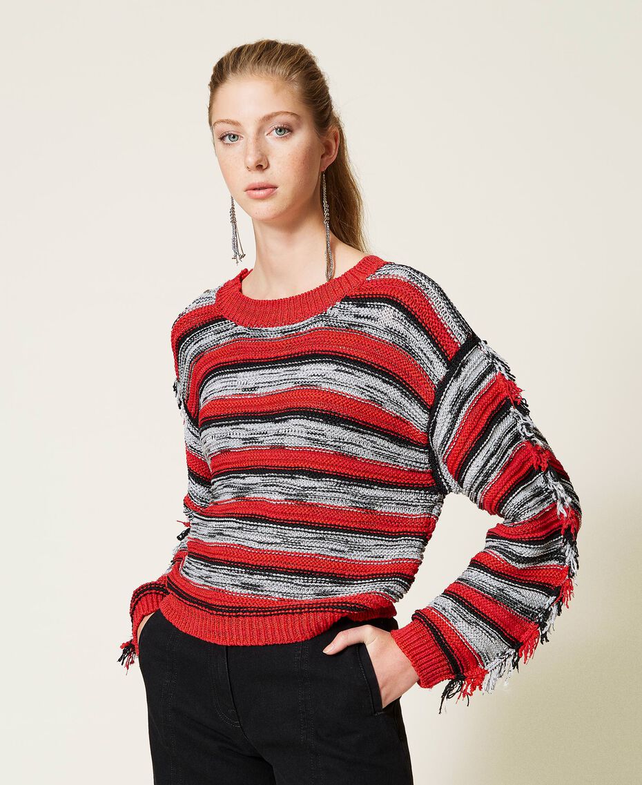 Striped boxy jumper with fringes Black / "Fire Red" / Grey Multicolour Woman 221TP3121-02