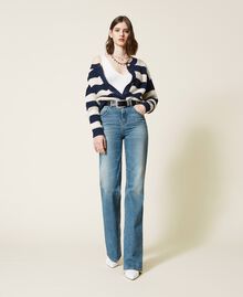 Striped jumper-cardigan Two-tone Indigo Blue / "Snow” White Woman 221TP346K-0T