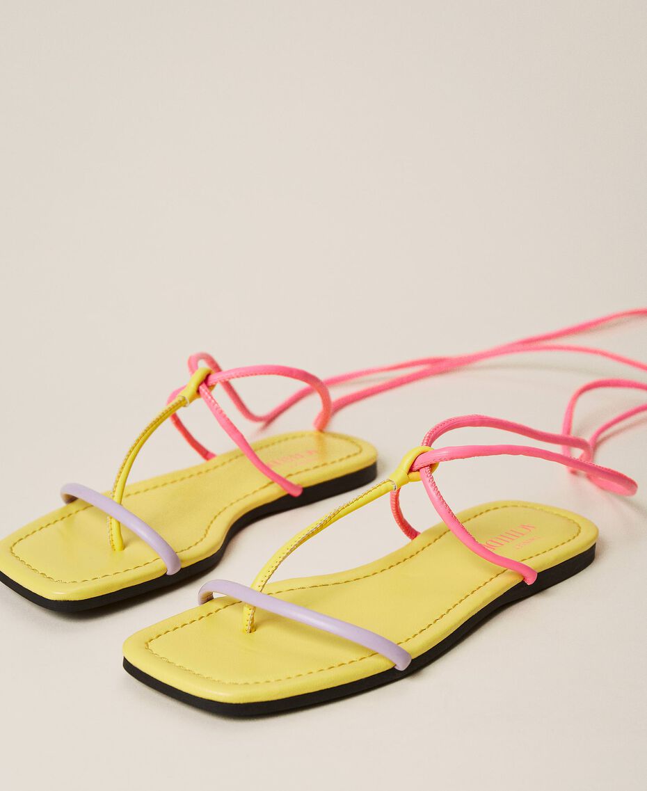 Flat thong sandals with laces "Pastel Lilac" / Vivid Yellow / Neon Pink Multicolour Woman 221ACT122-02