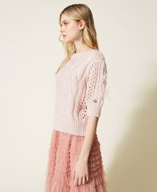 Cardigan-jumper with cable knit and feathers Parisienne Pink Woman 222TP3091-02
