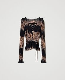Dual-use printed jumper with tie-up laces Black / “Pale Hemp” Beige Hibiscus Print Woman 231TT3191-0S