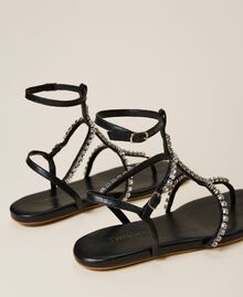 Leather sandals with rhinestones Black Woman 221TCT060-03
