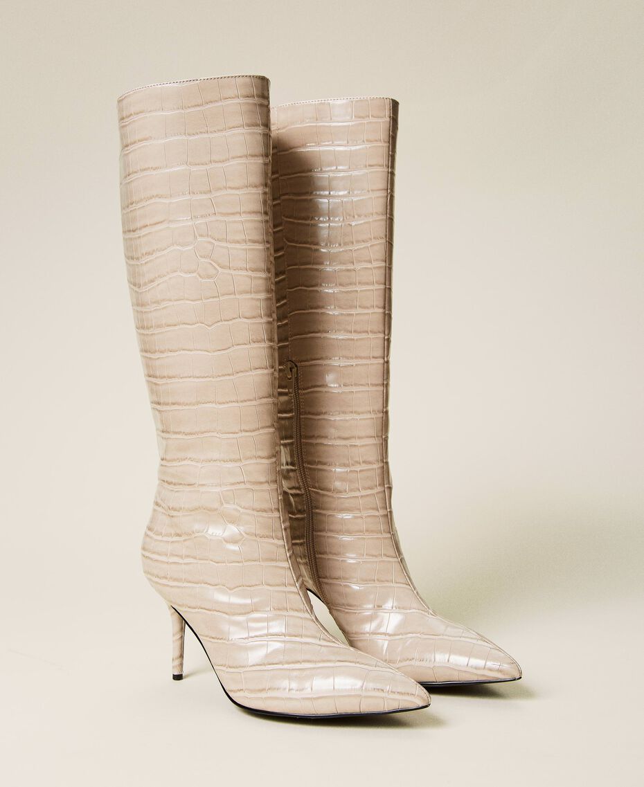 Crocodile print high boots "Parchment" Beige Woman 222ACP242-02