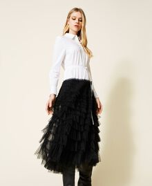 Long poplin dress with pleated tulle Optical White / Black Woman 222TP2110-03