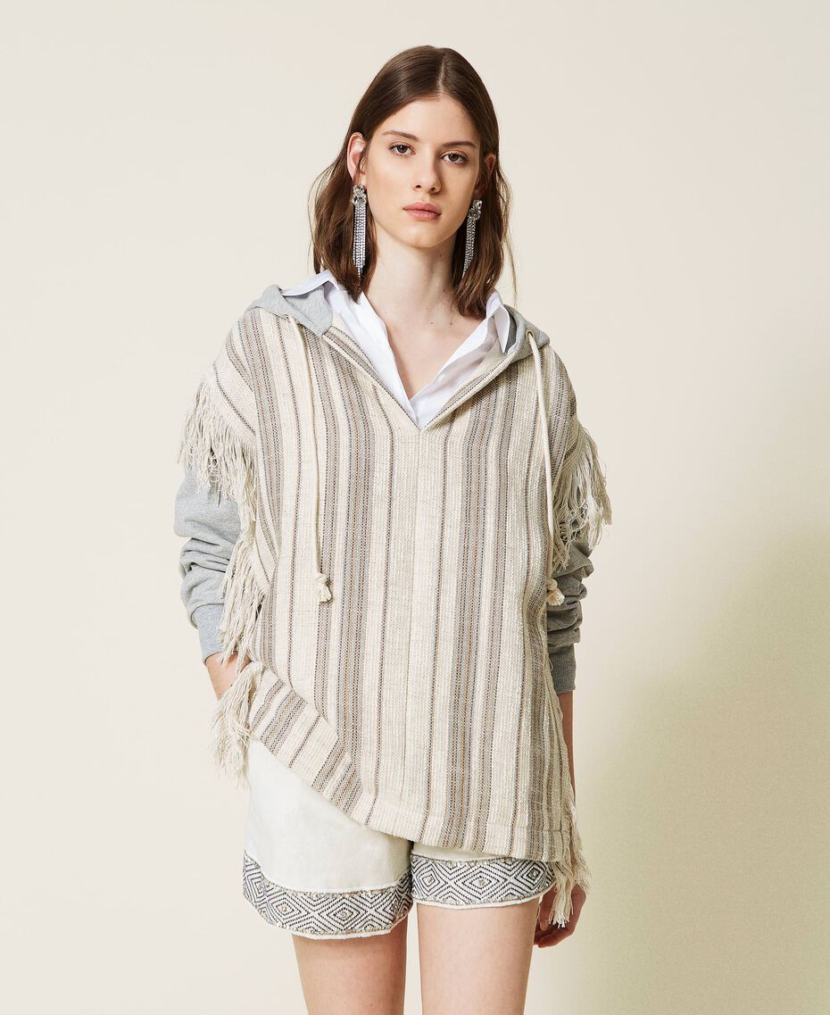 Sweat-shirt en tissu natté rayé avec franges Bicolore Tissu natté Sable/Gris Molleton Femme 221TT242A-02