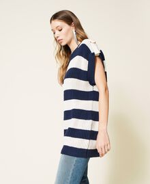 Maxi jumper with stripes and frog fasteners Two-tone Indigo Blue / "Snow” White Woman 221TP346J-03