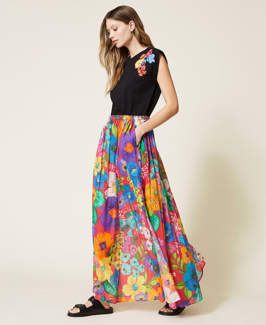 Long floral muslin skirt “Azalea” Pink Mexico Flower Print Woman 221TT2305-03