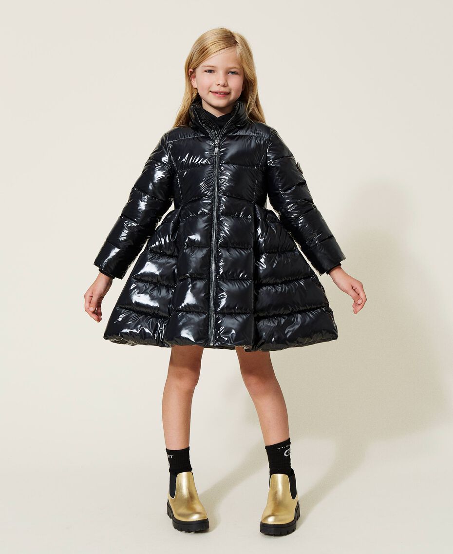 Shiny nylon long puffer jacket Black Child 222GJ211F-02
