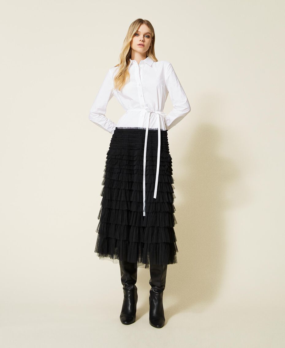 Long poplin dress with pleated tulle Optical White / Black Woman 222TP2110-01