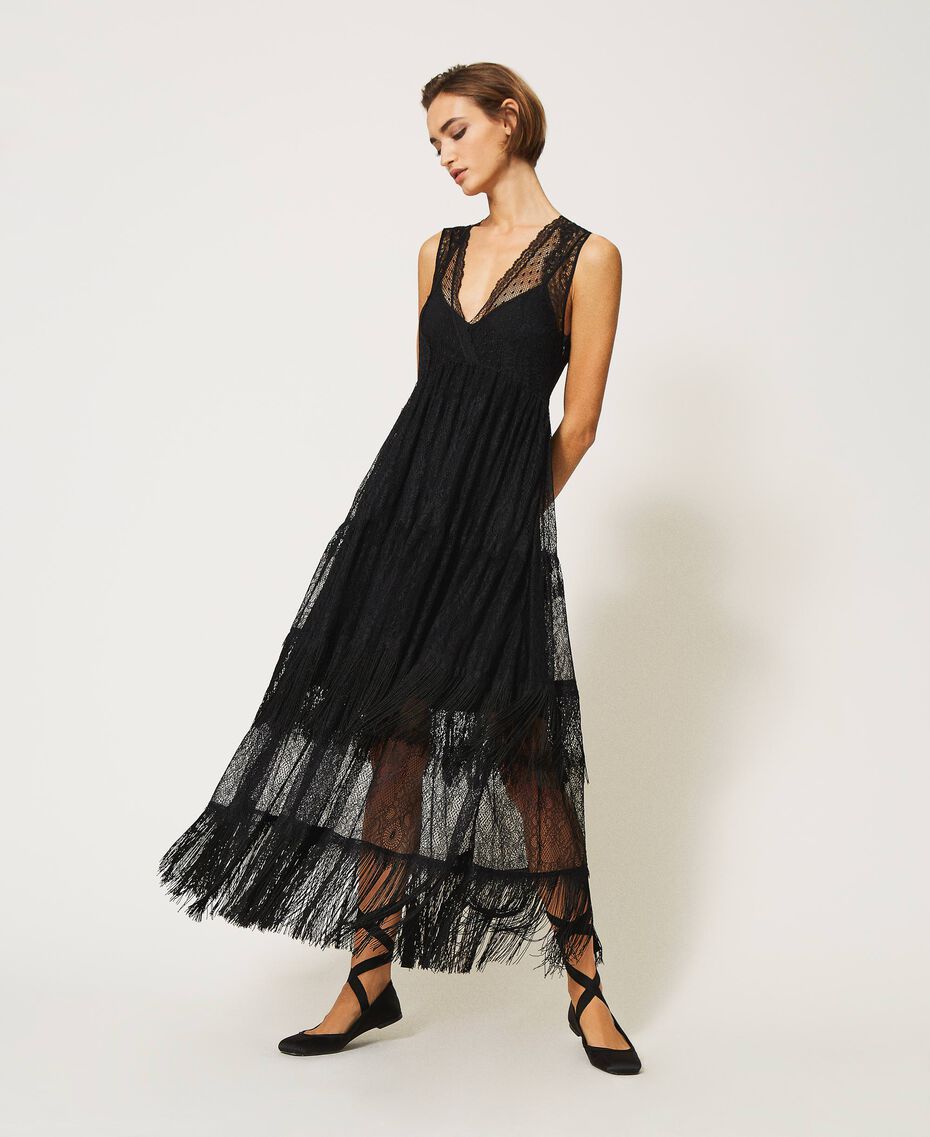Tulle long dress with lace and fringes Black Woman 202TP2372-01