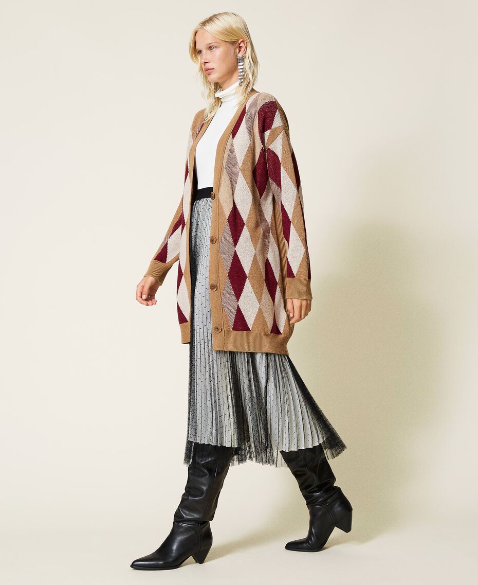 Maxi cardigan en laine mélangée jacquard Jacquard Multicolore Losanges Marron « Rhum » Femme 212TT3210-02
