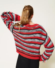 Striped boxy jumper with fringes Black / "Fire Red" / Grey Multicolour Woman 221TP3121-05