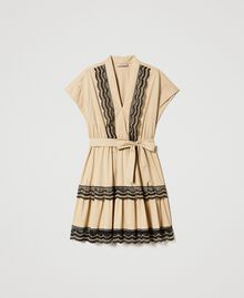 Short poplin dress with two-tone lace Beige / Black Embroidery Woman 231TT2123-0S